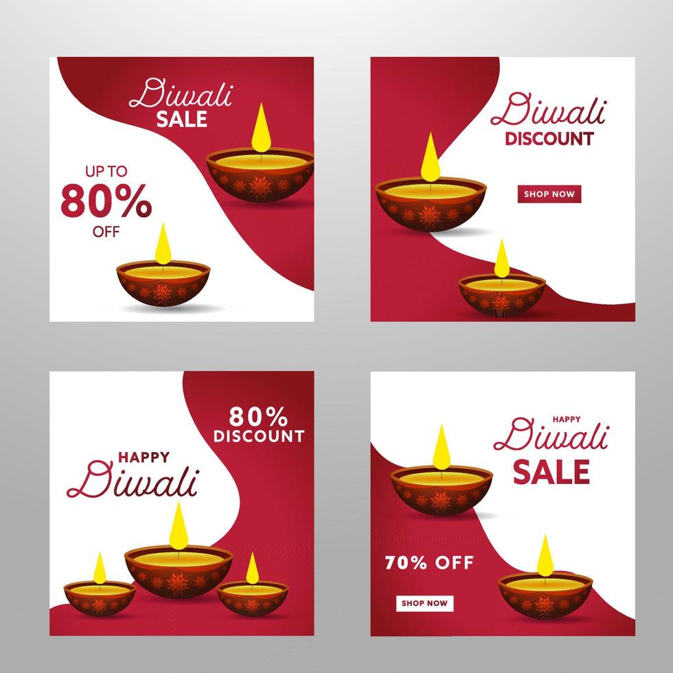 Diwali Sale Poster Design In White And Maroon Color With Different Discount Offer Lit Oil Lamps. vector