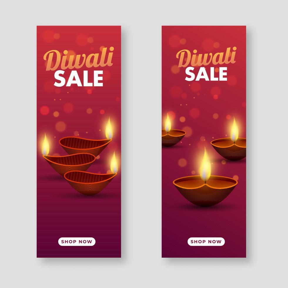 diwali rebaja modelo o vertical bandera diseño con iluminado petróleo lamparas en dos opciones vector