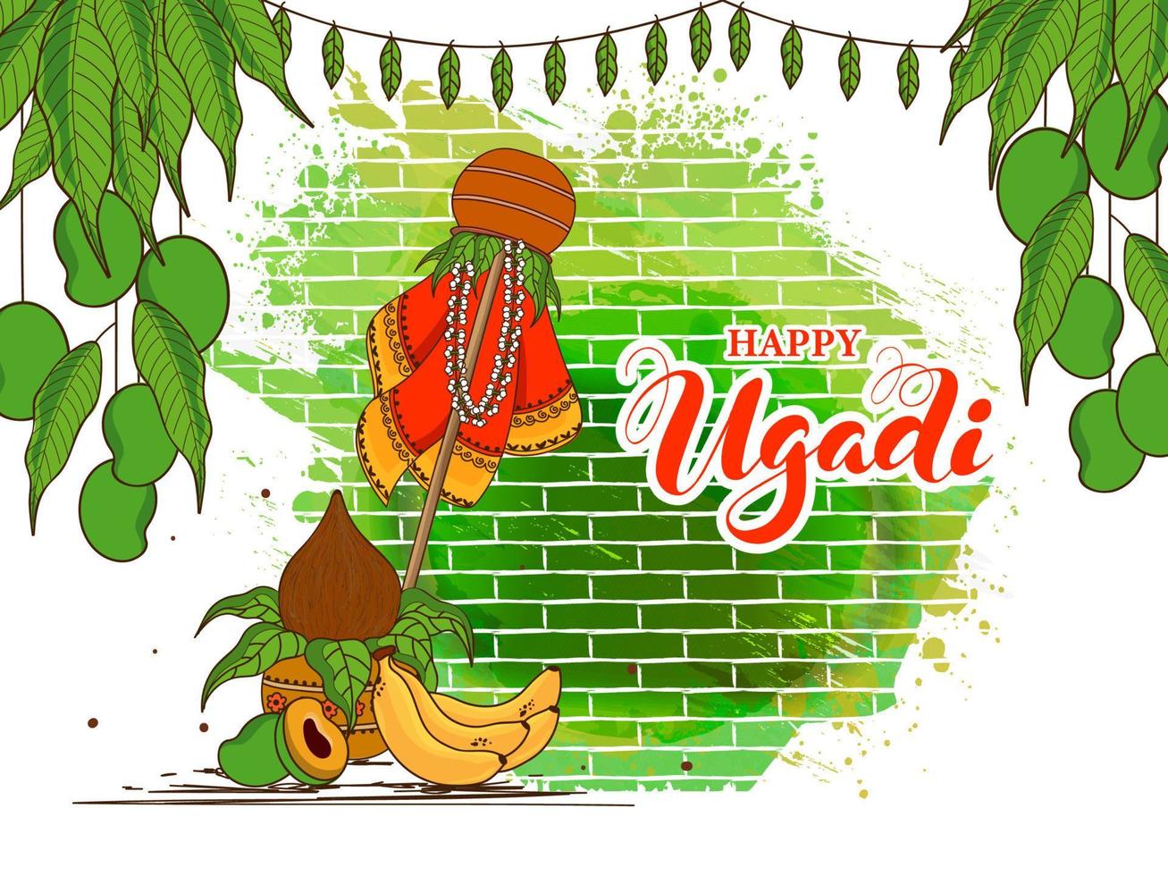 Sticker Style Happy Ugadi Font with Traditional Gudhi, Worship Pot and Mango on Geen Brush Stroke Grunge Effect Brick Wall Background. vector