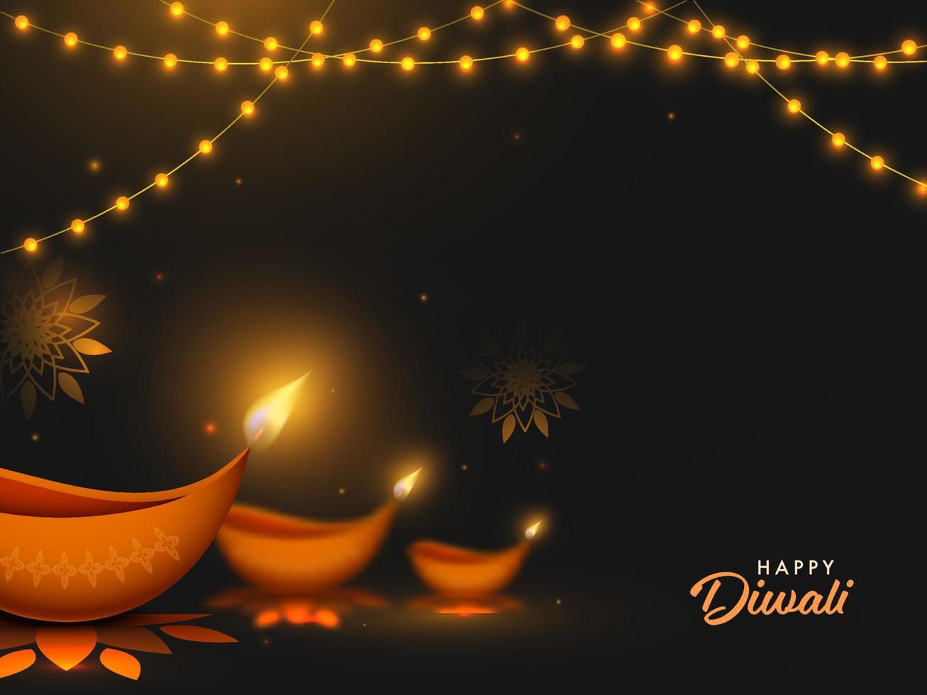 contento diwali texto con iluminado petróleo lamparas y Encendiendo guirnalda decorado en negro antecedentes. vector