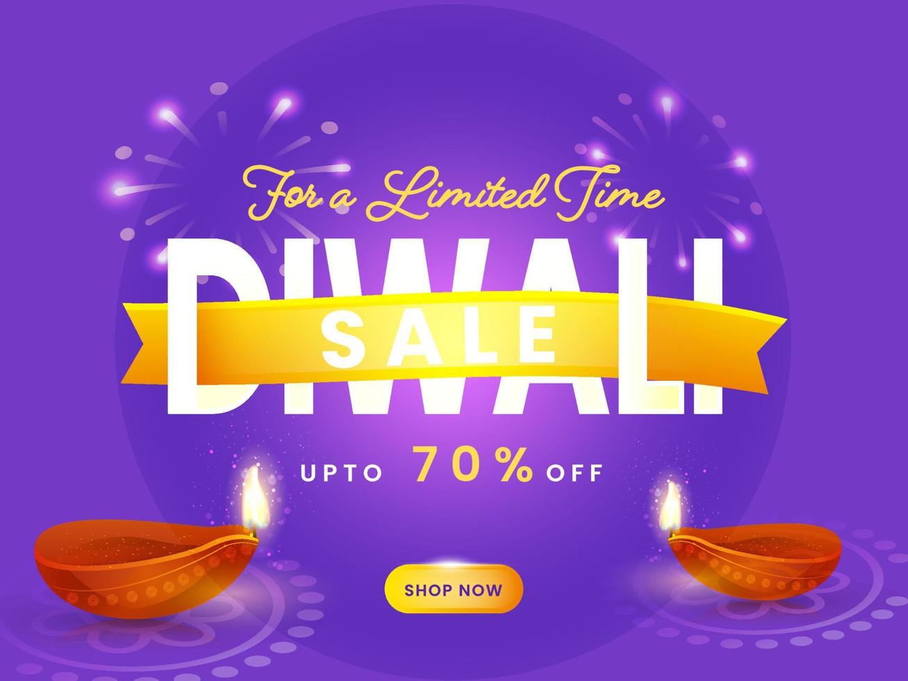 Diwali Sale Poster Design With Discount Offer And Illuminated Oil Lamps On Purple Fireworks Background. vector