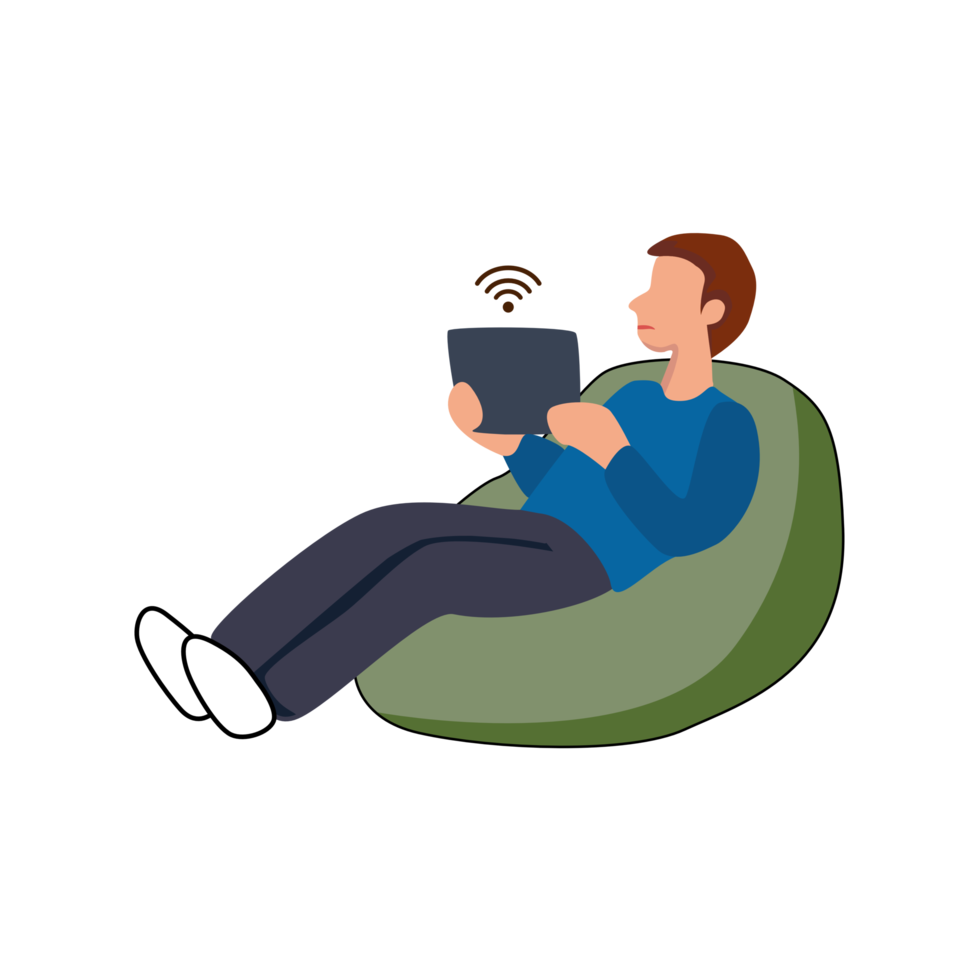 Young boy sitting and watching movie on tablet computer on sofa png