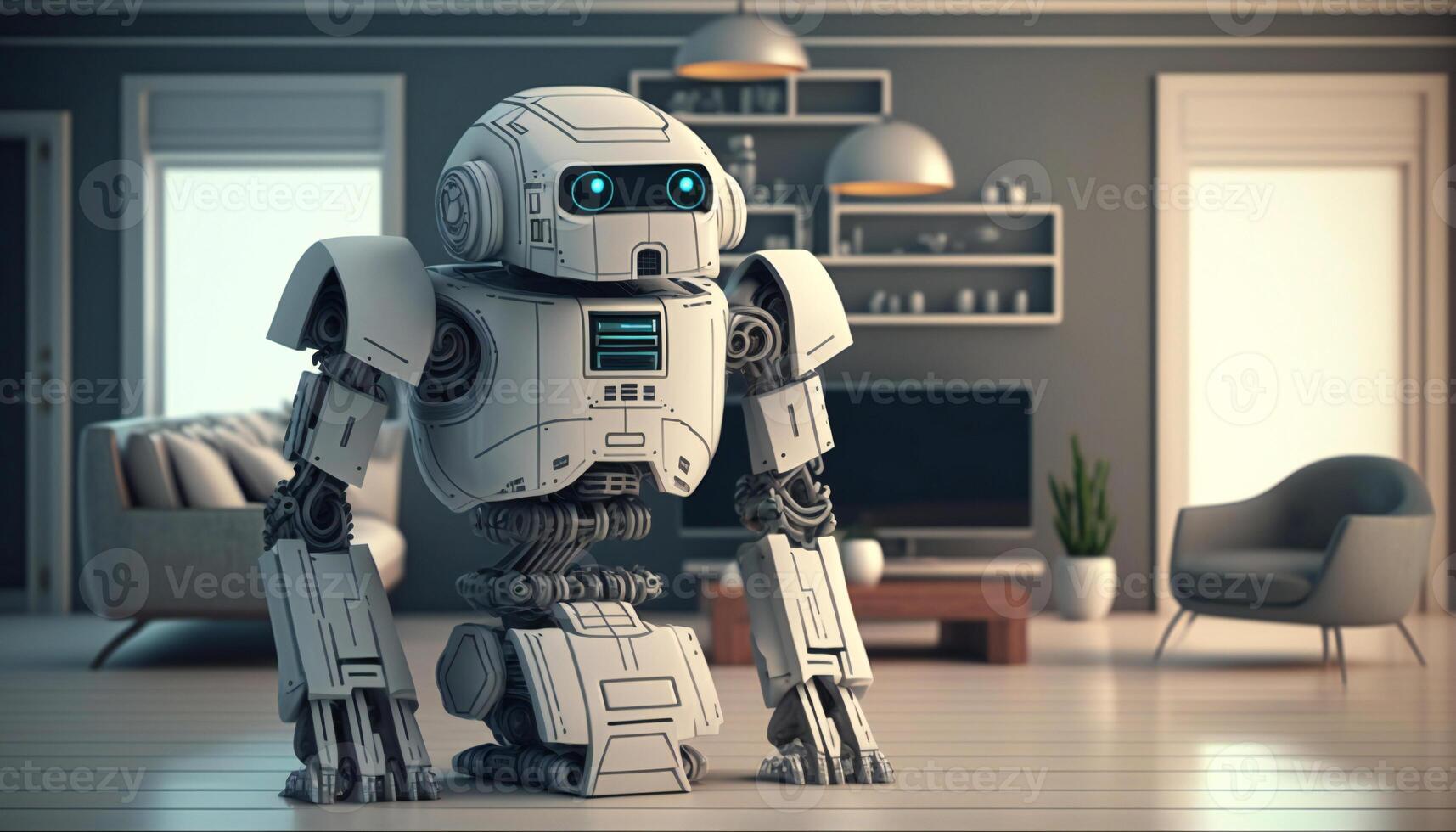The futuristic smart home robot is equipped with advanced technology that allows wireless control through the internet, providing an innovative and automatic approach to housework. photo