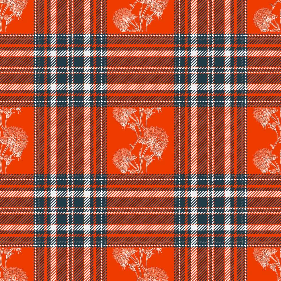 Original plaid textile design in red color with traditional scottish thistle symbol. Vector seamless fabric.