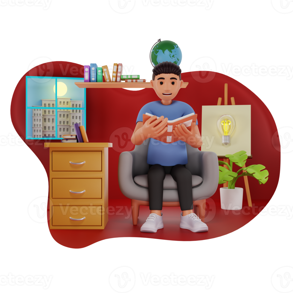 Man Reading Book While Sitting On Sofa 3D Character Illustration png