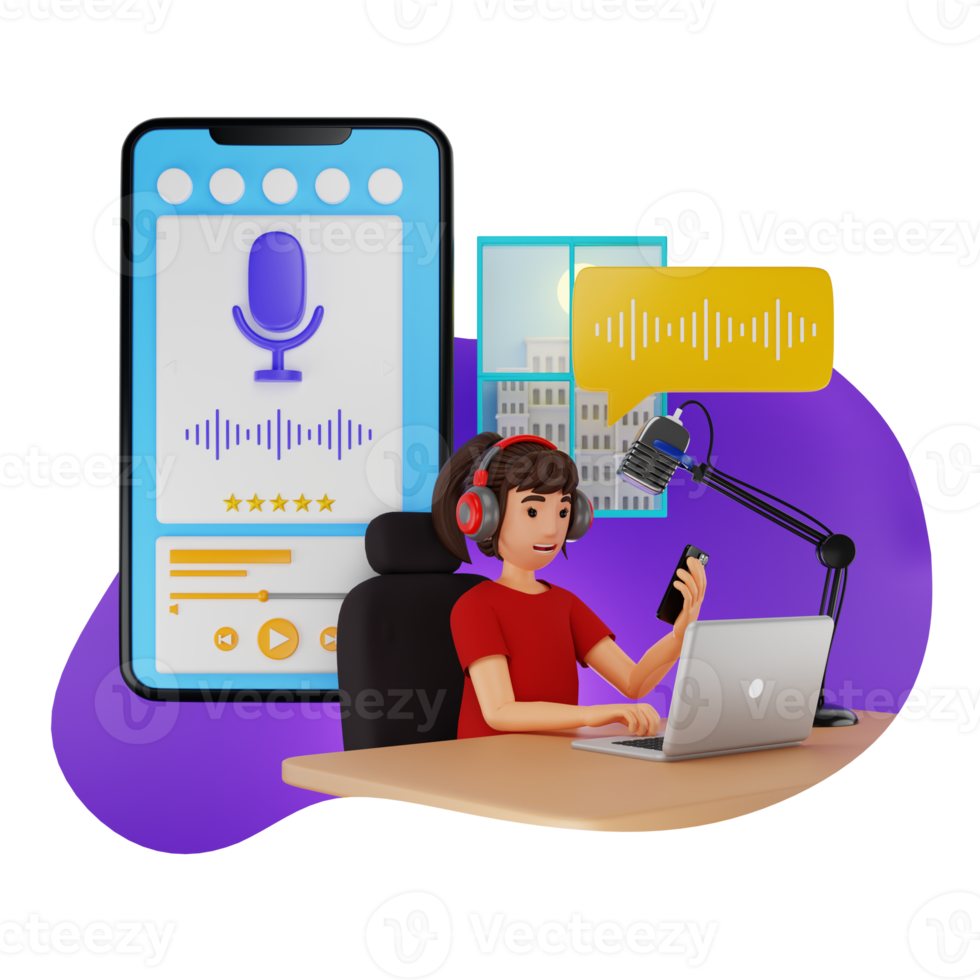 Woman Uploading Podcast To Streaming Platform App 3D Character Illustration png