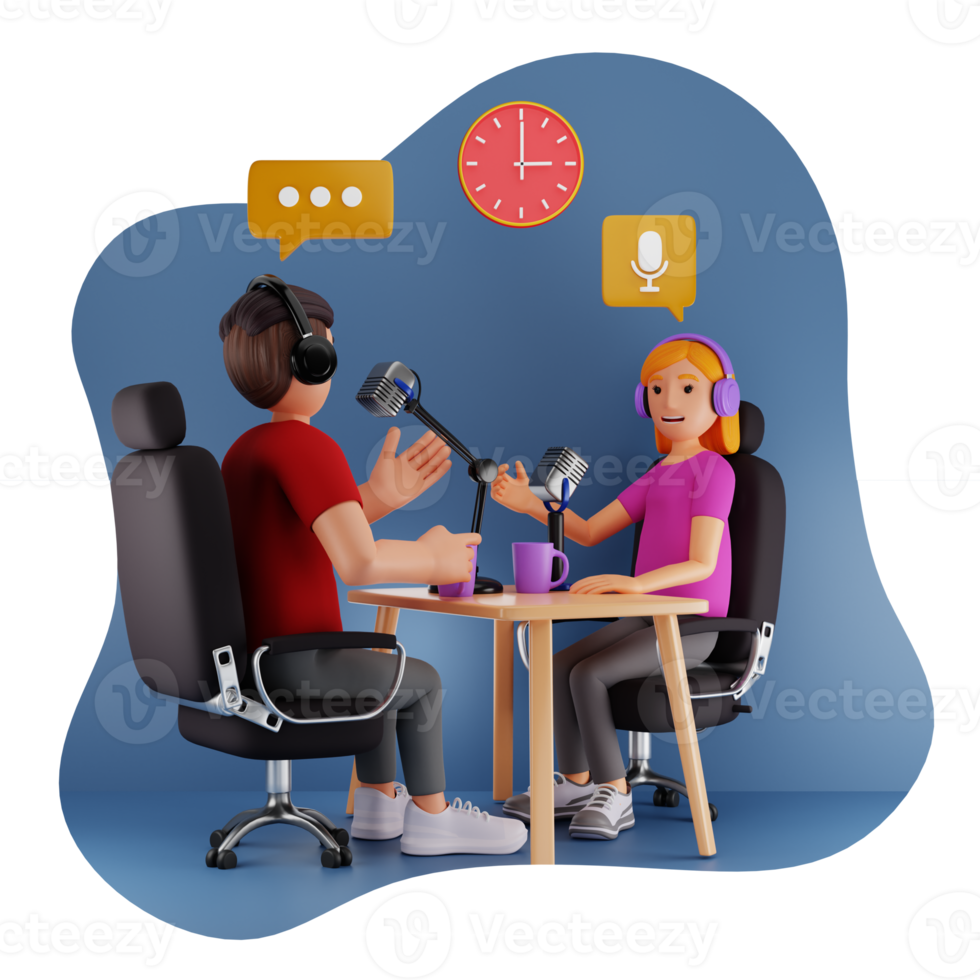 Man And Woman Recording A Podcast Conversation 3D Character Illustration png