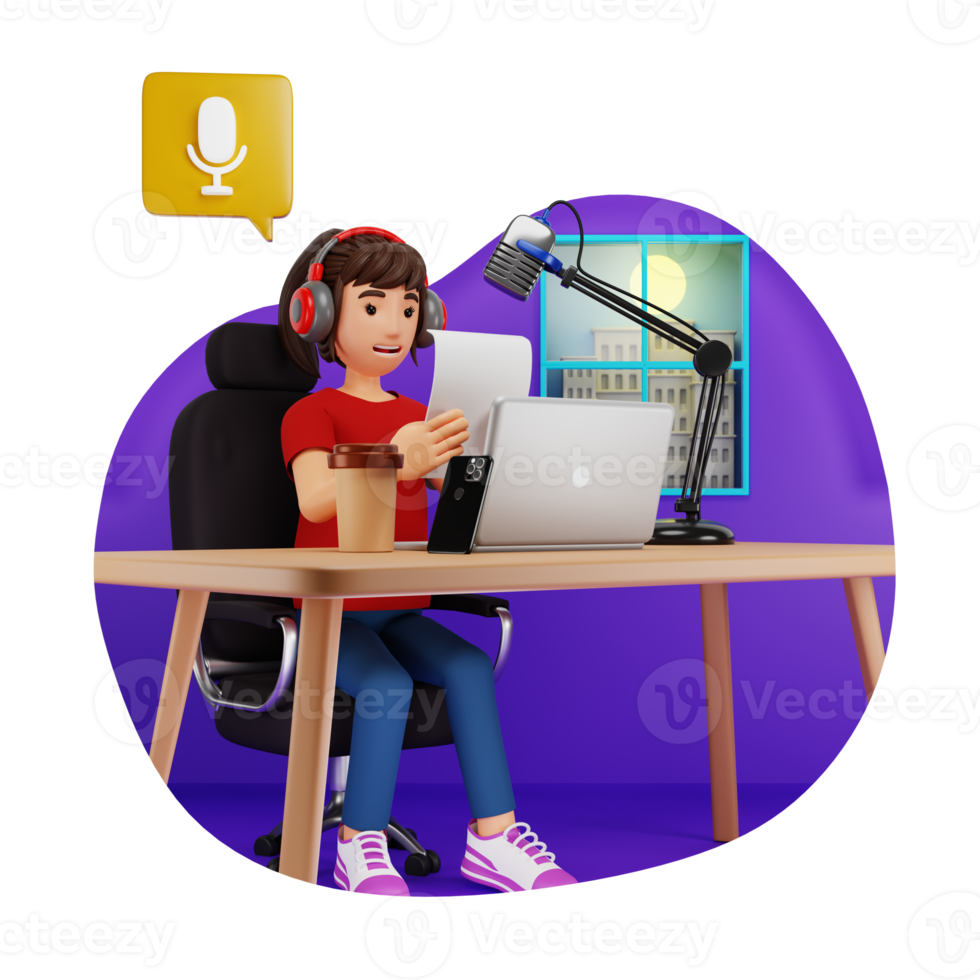 Woman Reading Podcast Script 3D Character Illustration png