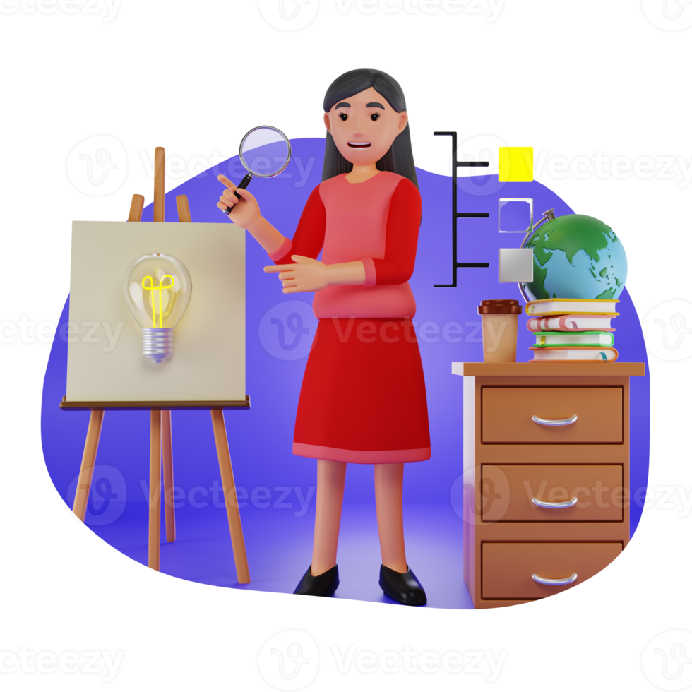 Female Entrepreneur Searching For Idea 3D Character Illustration png