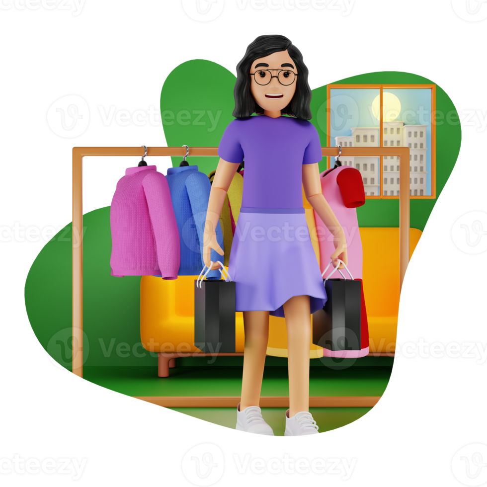 mujer haciendo ropa compras 3d personaje ilustración png