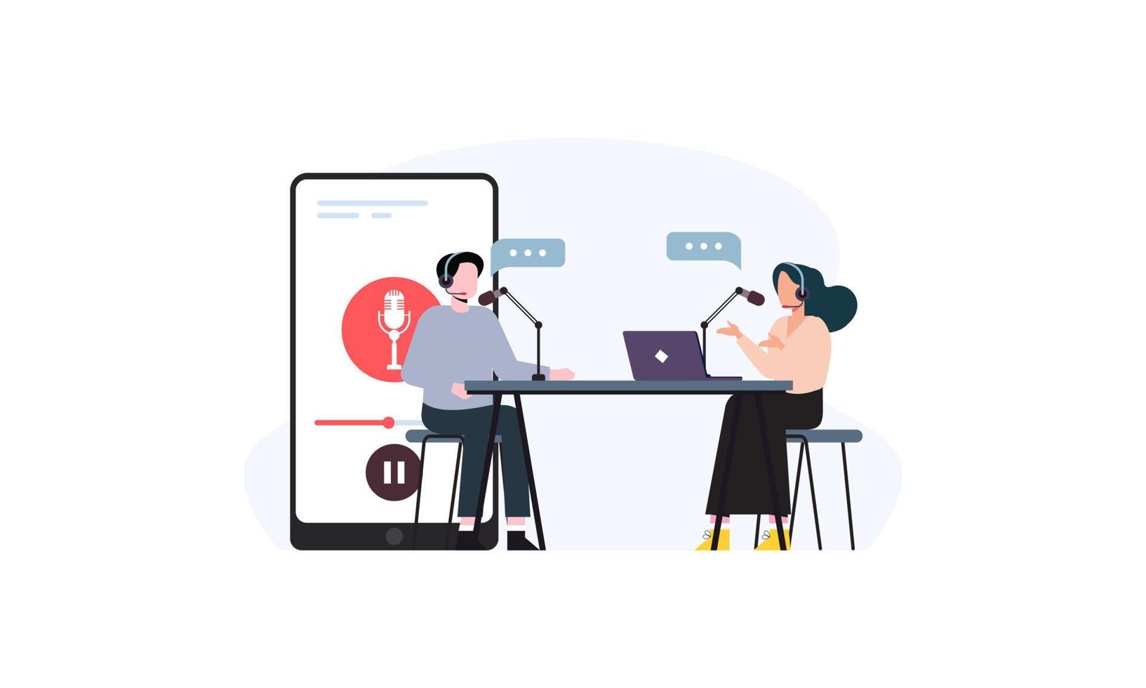 Podcast concept. Illustration about podcasting. Podcaster speaking in microphone illustration vector