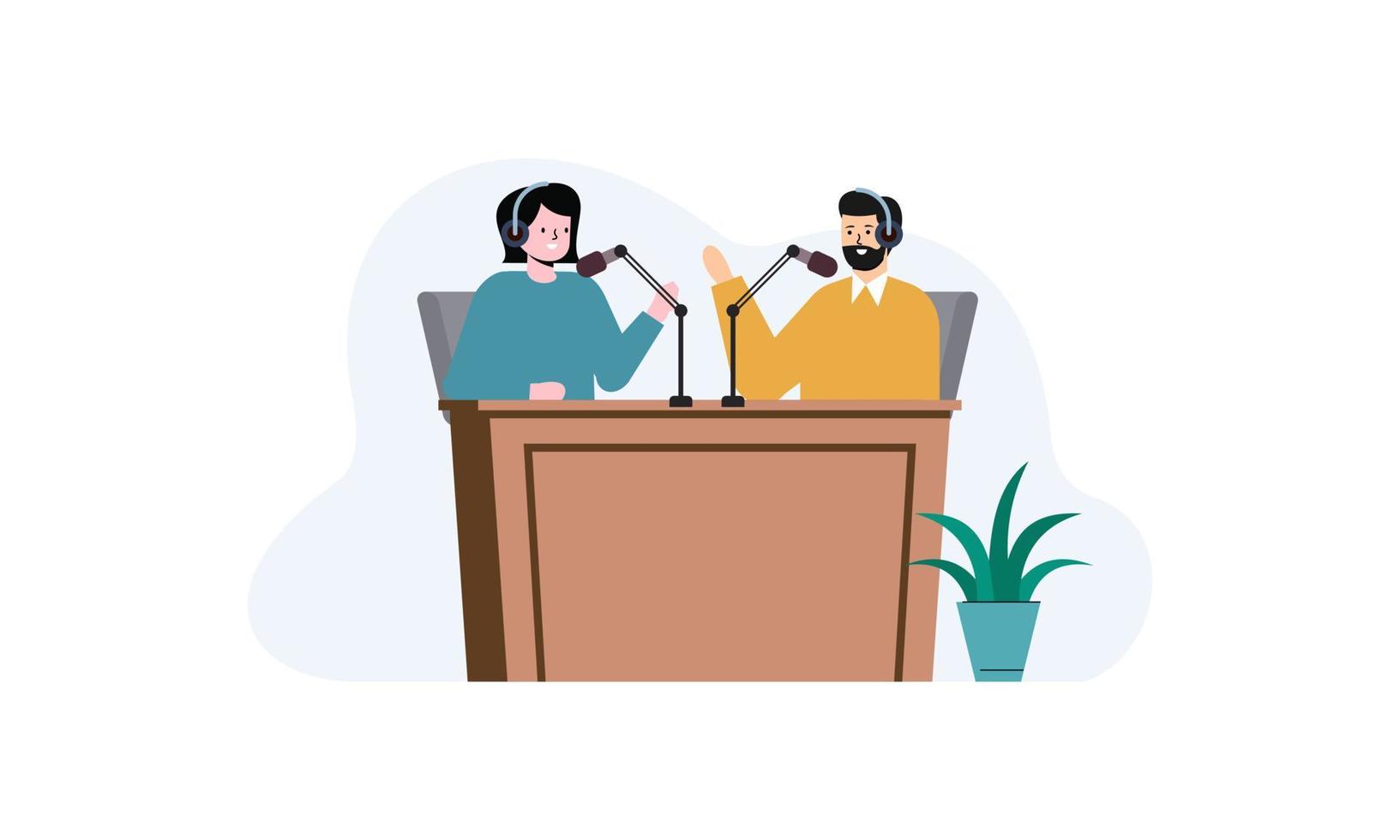 podcast concepto. ilustración acerca de podcasting. podcaster Hablando en micrófono ilustración vector