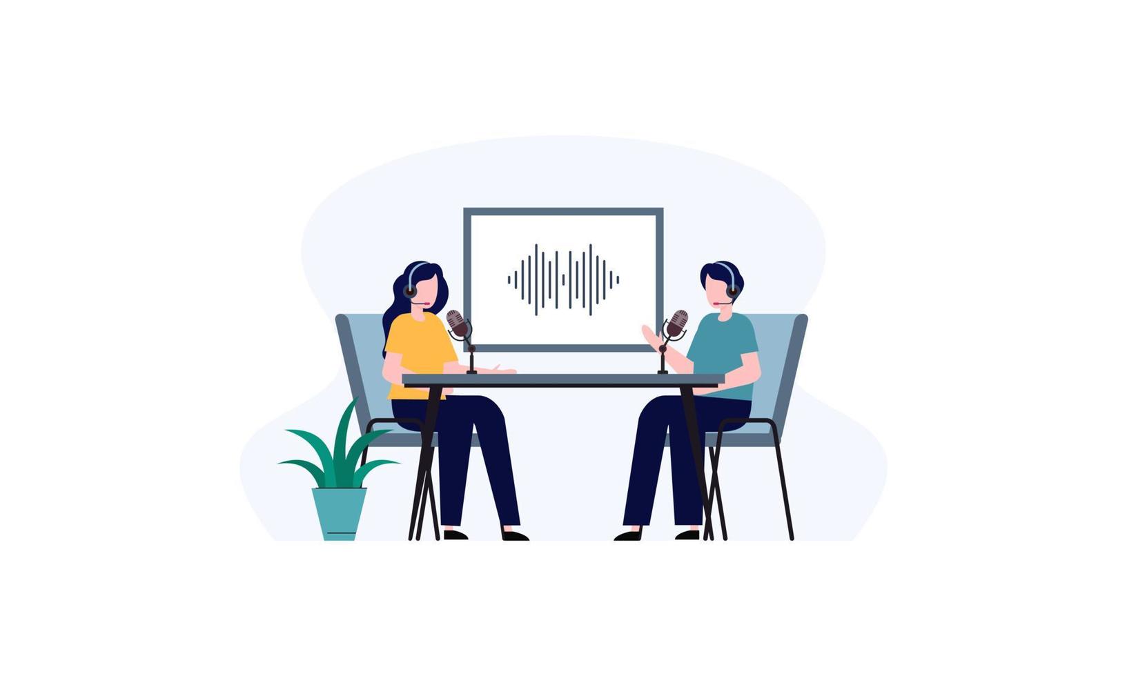 Podcast concept. Illustration about podcasting. Podcaster speaking in microphone illustration vector