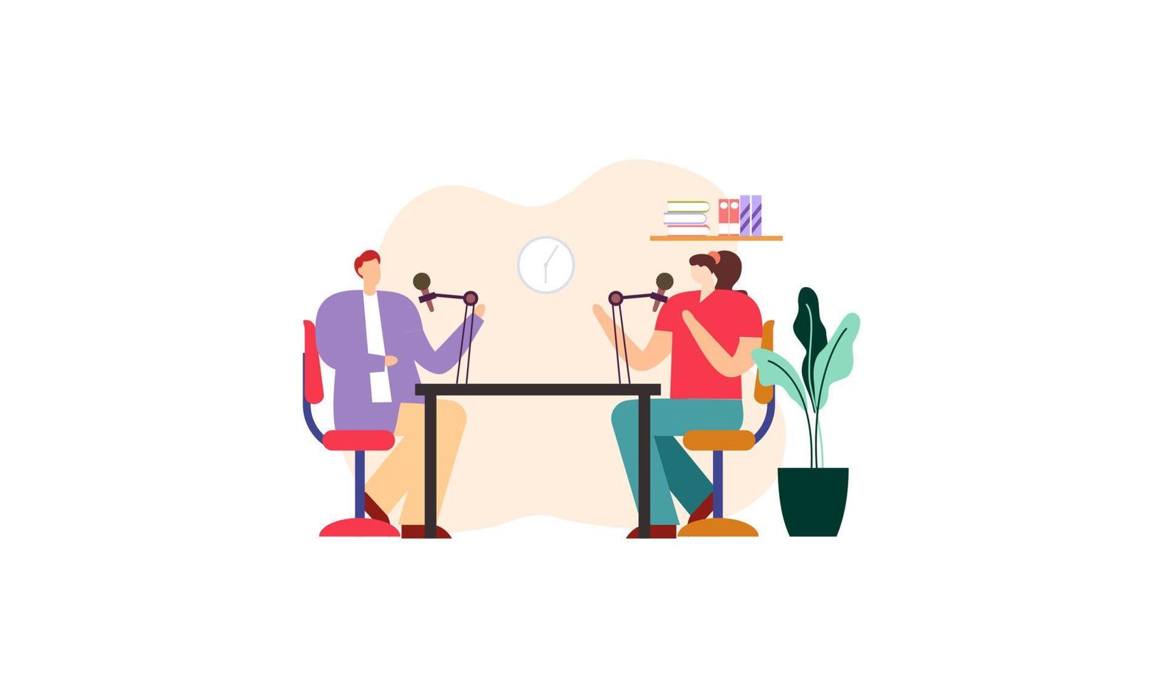 Podcast concept. Illustration about podcasting. Podcaster speaking in microphone illustration vector