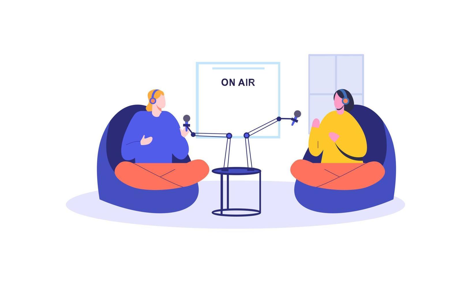 Podcast concept. Illustration about podcasting. Podcaster speaking in microphone illustration vector
