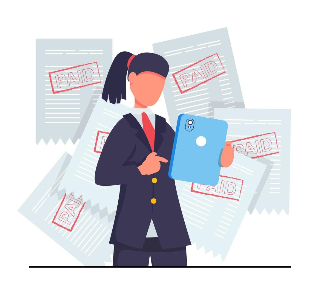Online payment. Woman pays from a tablet, checks and receipts paid on the back vector