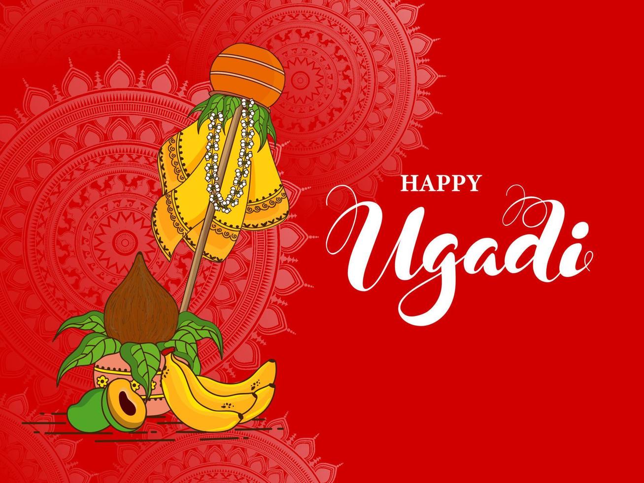 Happy Ugadi Celebration Concept with Traditional Gudhi, Fruits and Worship Pot on Red Mandala Pattern Background. vector