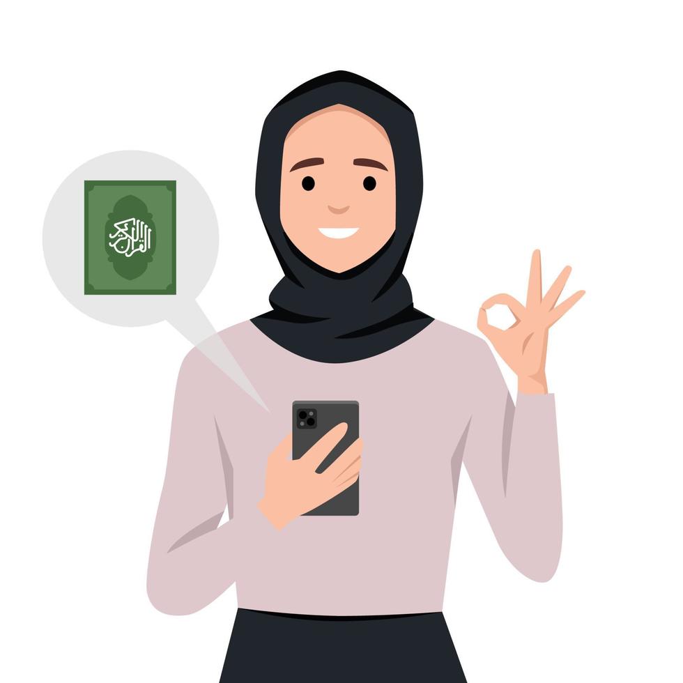 Muslim woman holding phone and giving ok sign because she has quran app in her mobile phone. vector