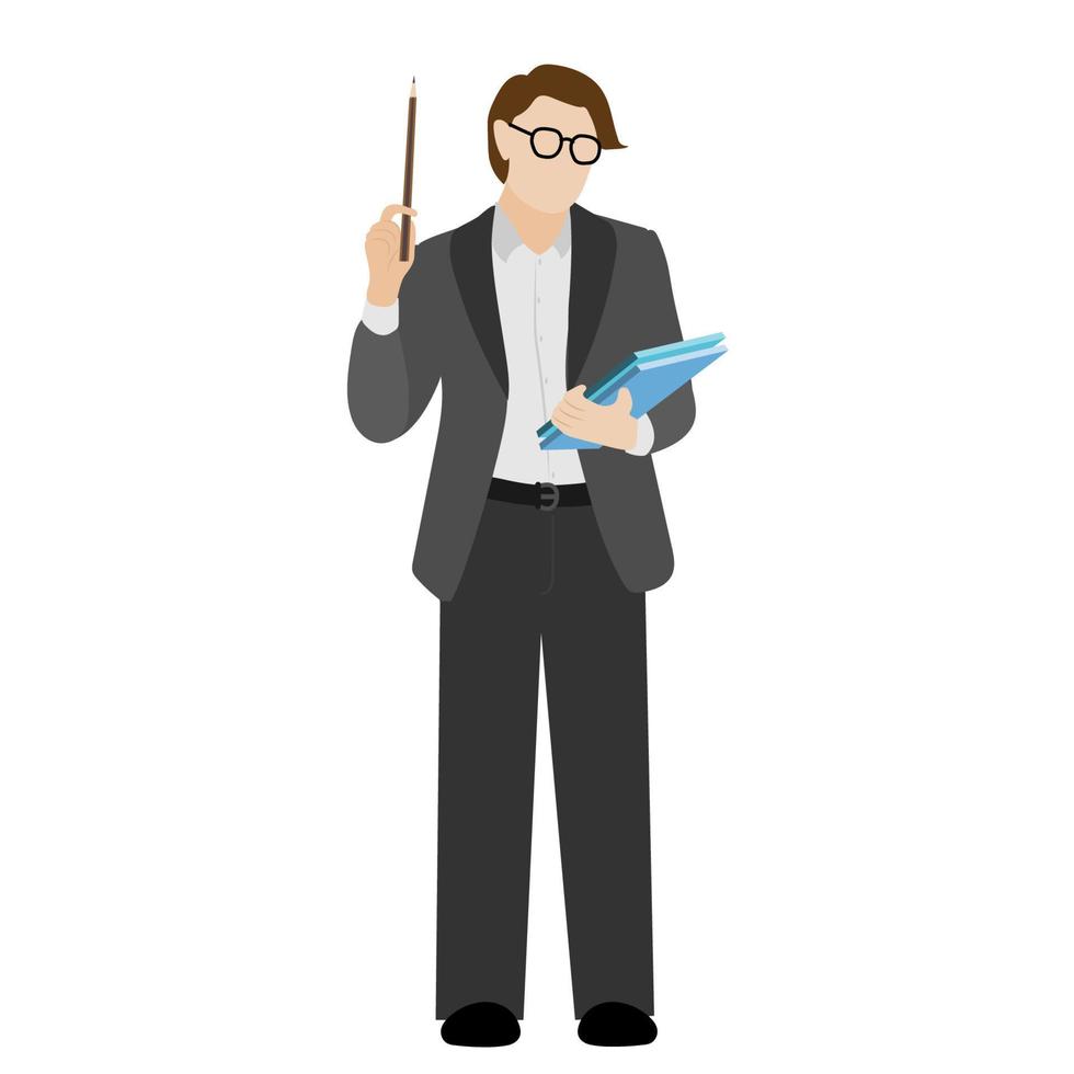 Young person in a suit holding with folders and pencil. Cute funny isolated character. Flat style. Drawing, writing, design, blogging, idea vector
