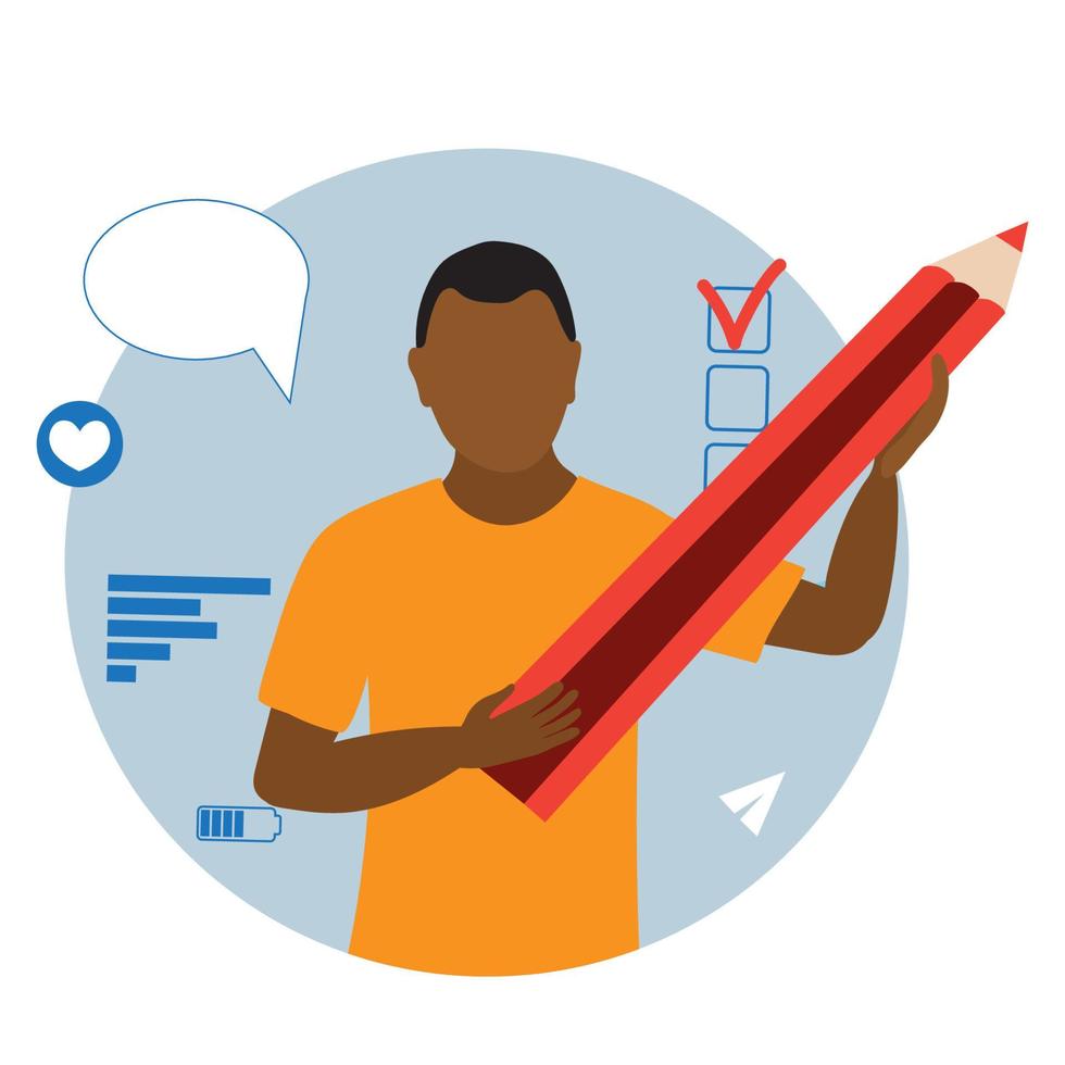 Young black man with big pencil on social media background. Cute funny isolated character in a flat style. Drawing, writing, design, blogging vector