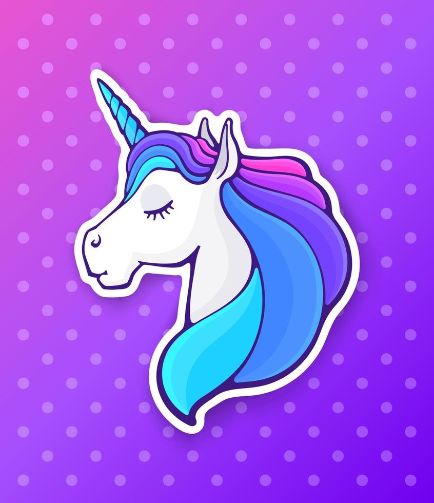 Sticker of fairy tale sleeping unicorn head with closed eyes and rainbow mane vector