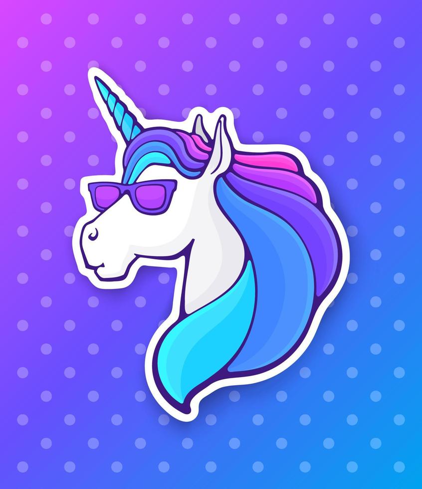 Sticker of fairy tale unicorn head in sunglasses with a rainbow mane vector
