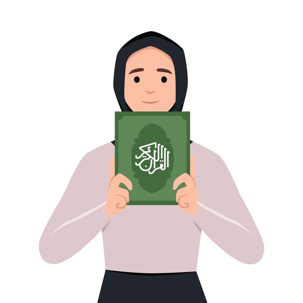Happy woman holding Quran book with love. Flat vector illustration. Girl holding tightly in her arms holy book of Muslims. Islam, religion, faith, tradition