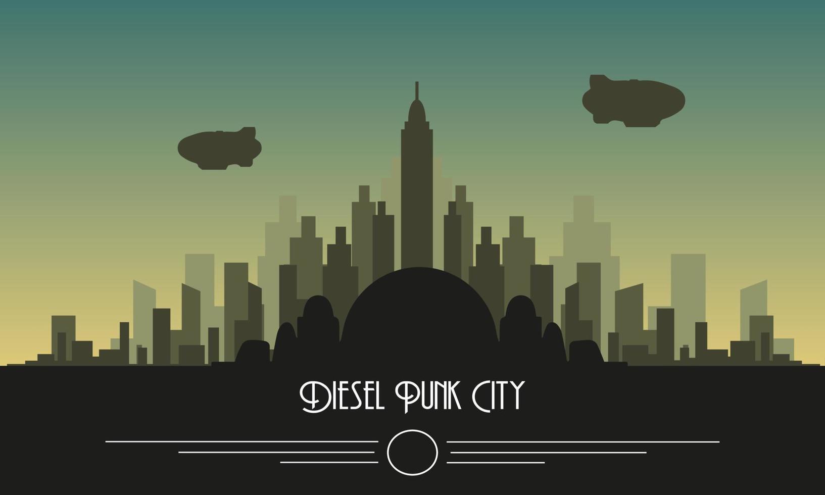 Diesel punk skyline city vector urban landscape in 1950s. Retro City scape.