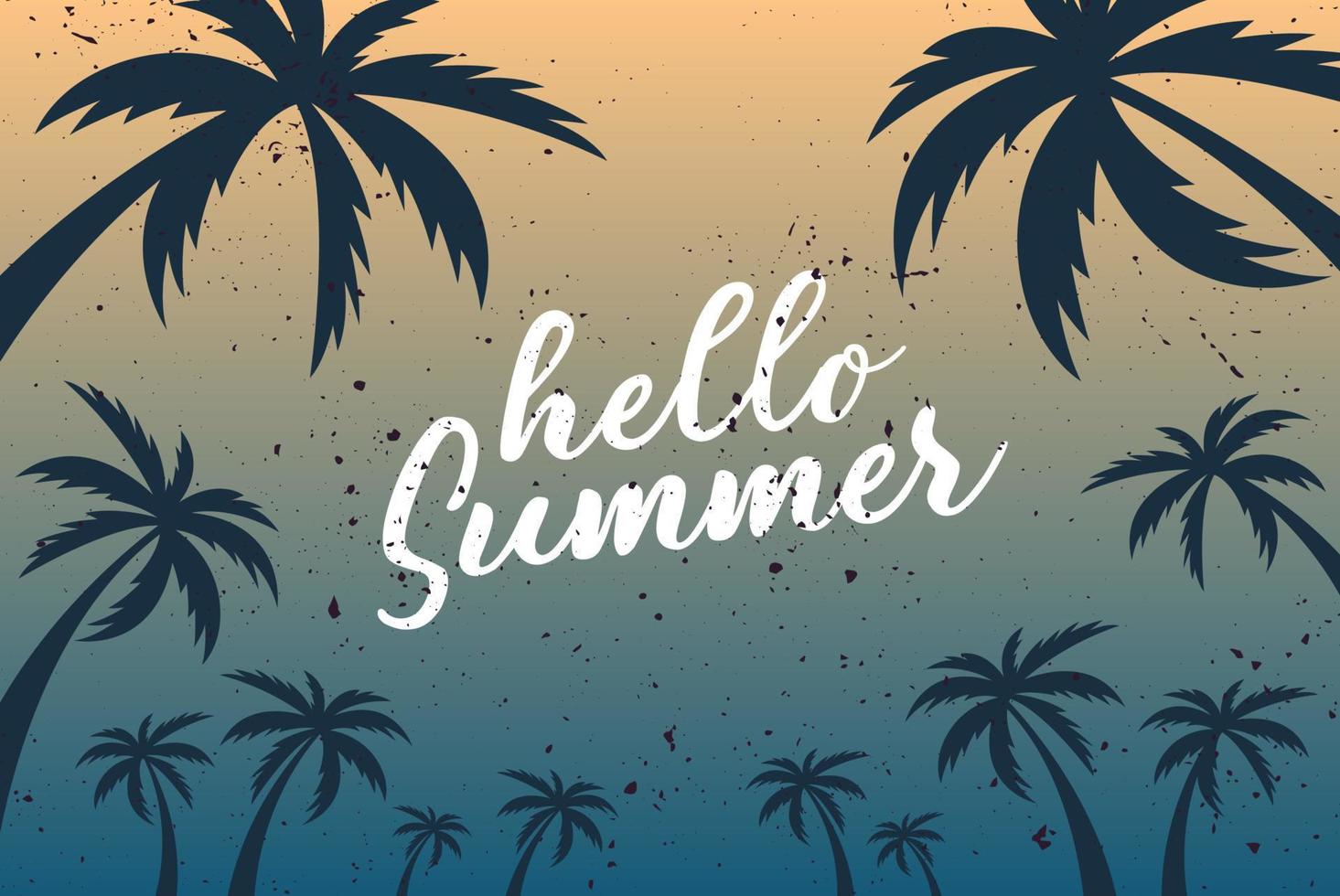 Hello Summer background with palms and night sky. Vector background with modern typography for banner, poster, flyer, card, postcard, cover, brochure. Hand drawn lettering.