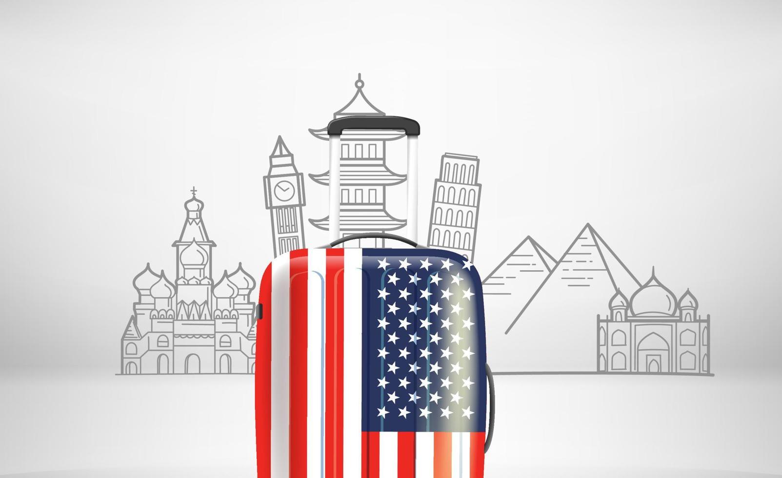 World travel concept with suitcase and famous monuments. Vector illustration