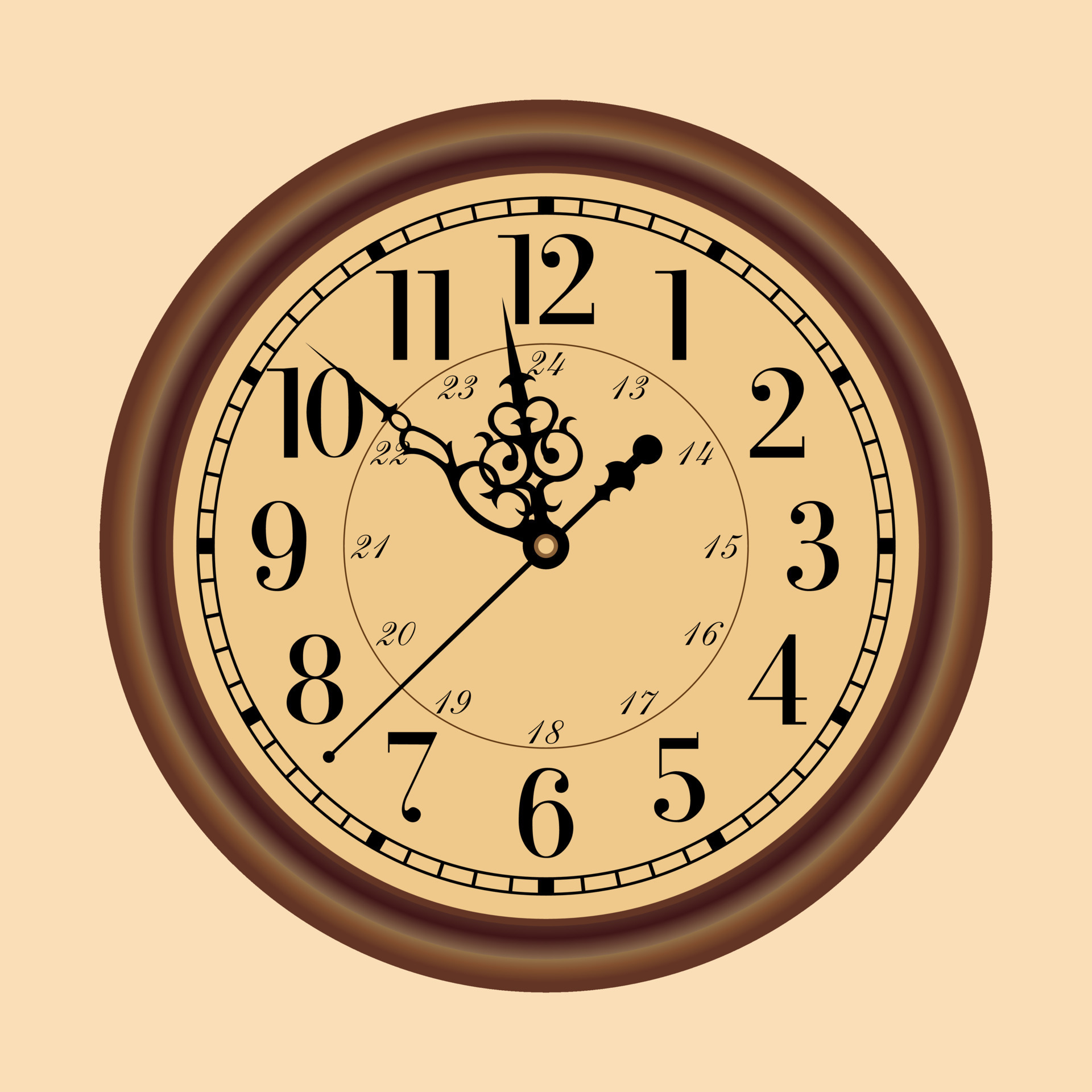Retro clocks. old clock faces with ornamental decoration , brown color