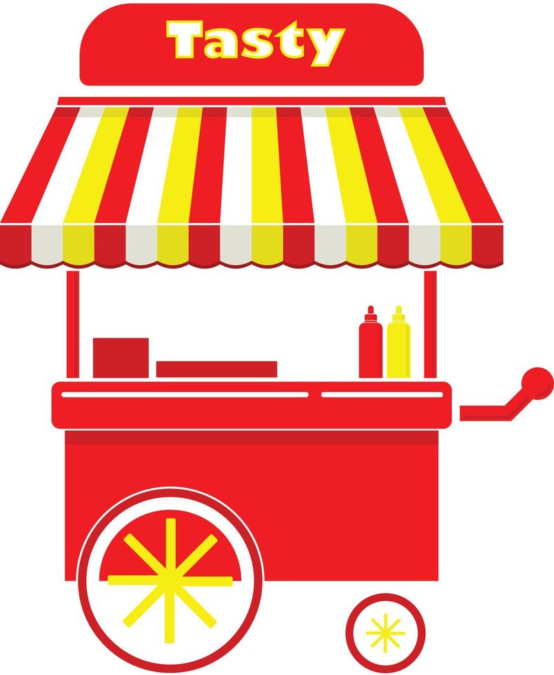 A roaming food cart with a bright orange shade and colorful wheels vector