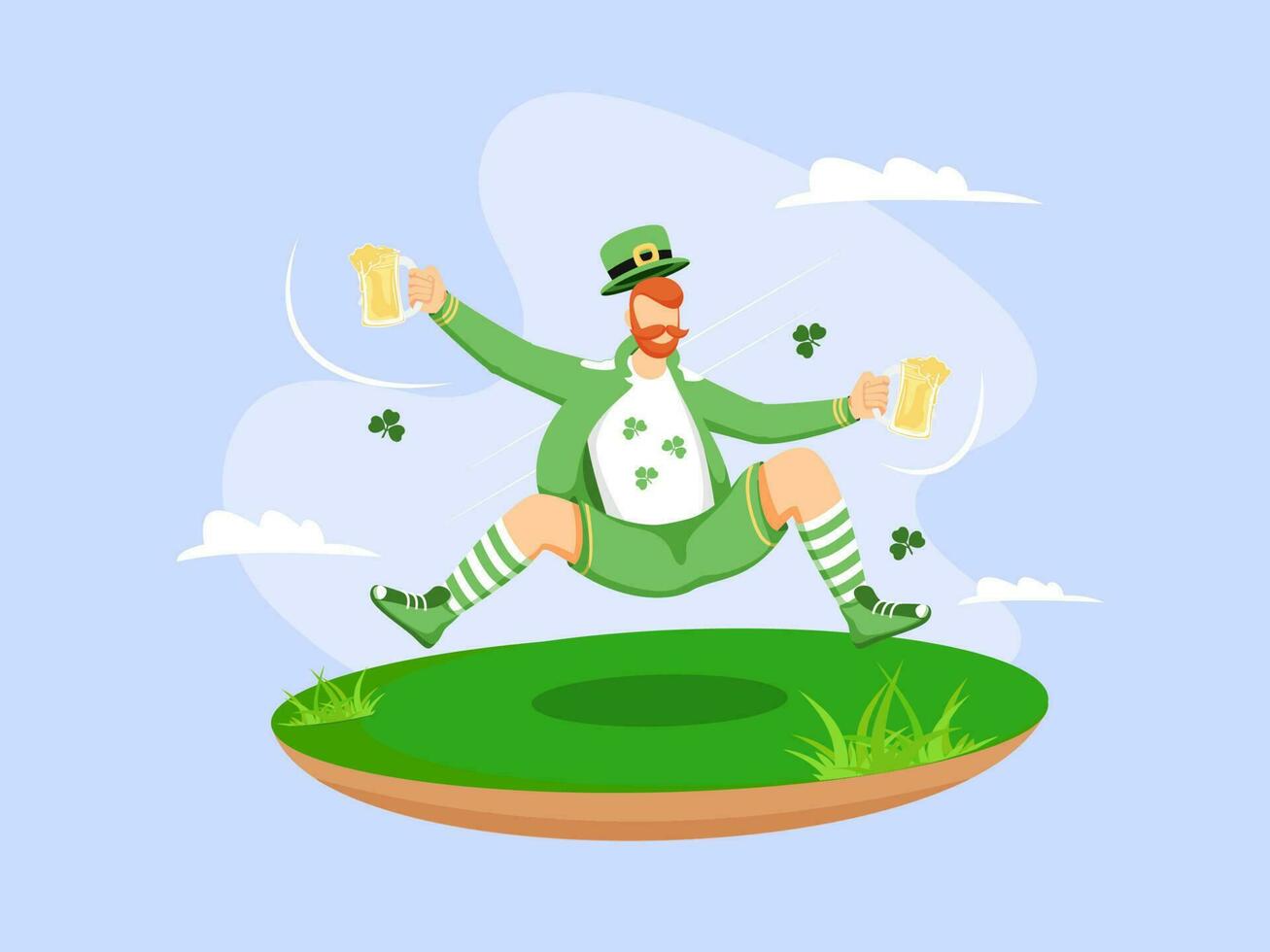 Cartoon Leprechaun Man holding Beer Mugs in Jumping Pose on Garden View and Blue Background. vector