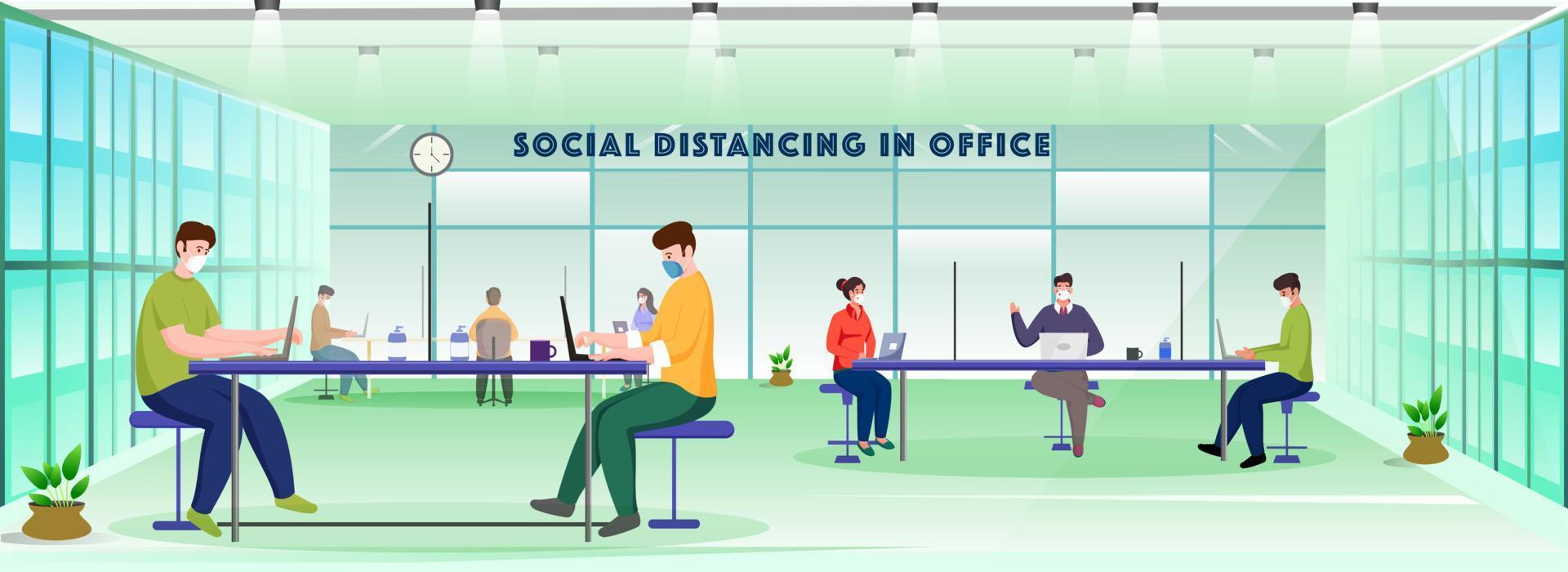 Office People Wear Protective Mask At Workplace With Maintain Social Distancing To Protect From Spreading Of Coronavirus. vector