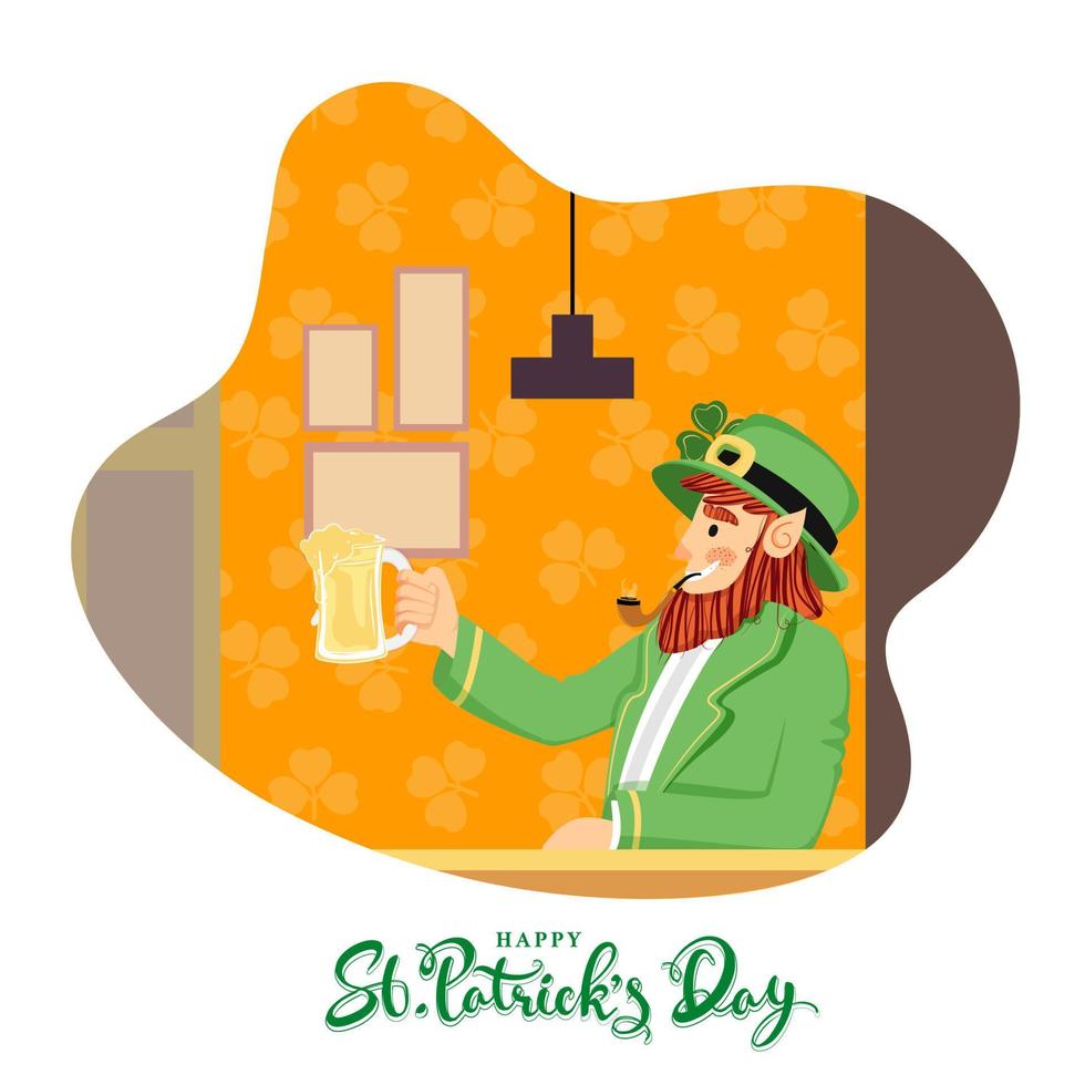 Happy St. Patrick's Day Font with Smoker Leprechaun Man holding Beer Mug on Abstract Interior Background. vector