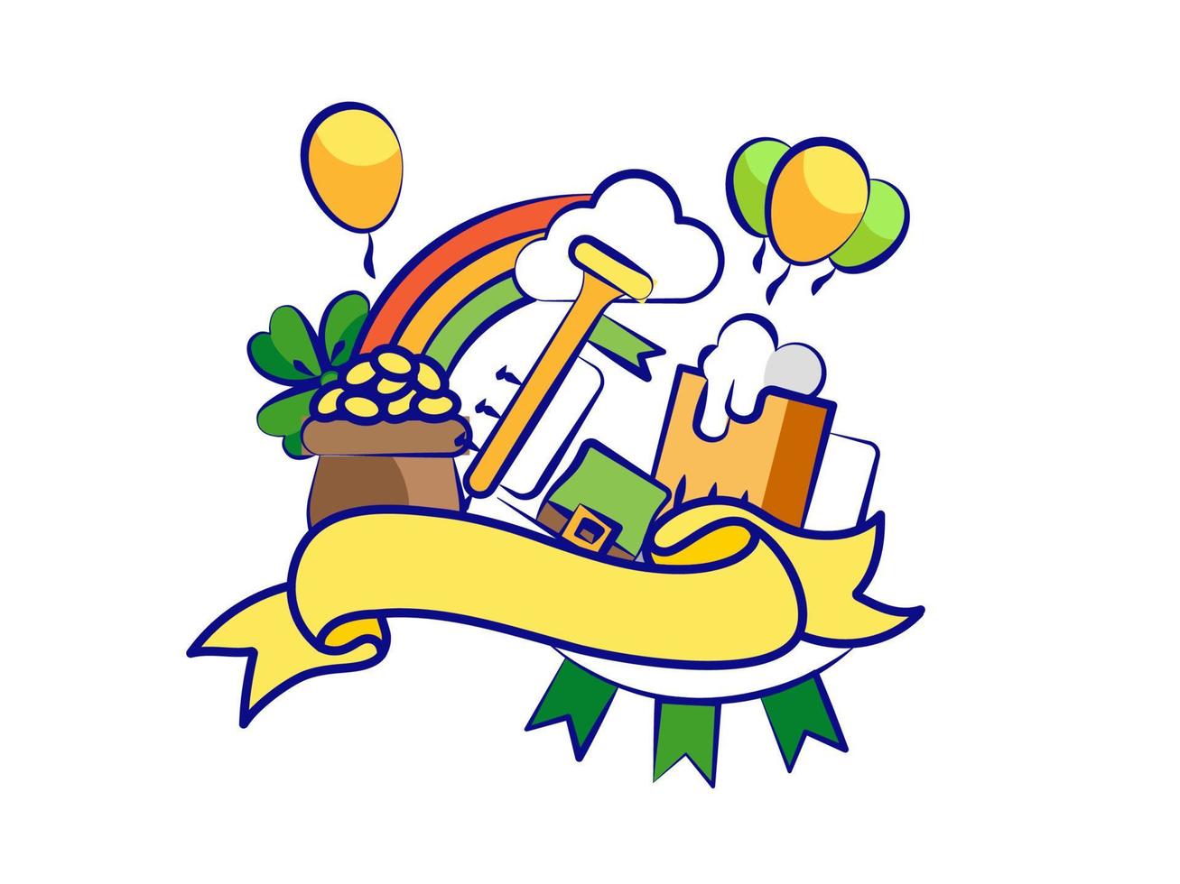 plano estilo ilustración de monedas maceta con arco iris duende sombrero trompeta cerveza jarra trébol hoja globo y vacío cinta dado para texto en blanco antecedentes. vector