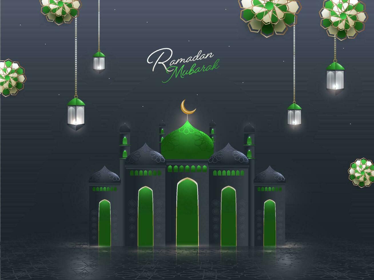 islámico santo mes de oraciones Ramadán Mubarak concepto con hermosa mezquita, colgando iluminado linternas, floral modelo en gris antecedentes. vector