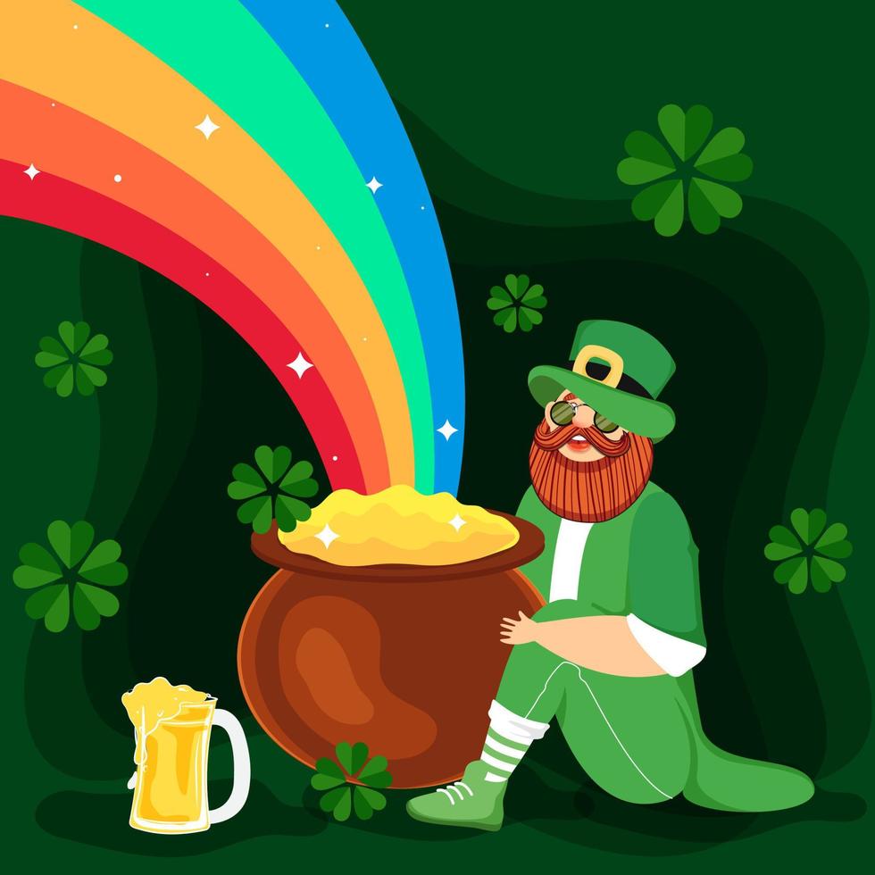 Cartoon Leprechaun Man holding Cauldron At The End Of A Rainbow, Beer Mug and Shamrock Leaves Decorated on Green Background. vector