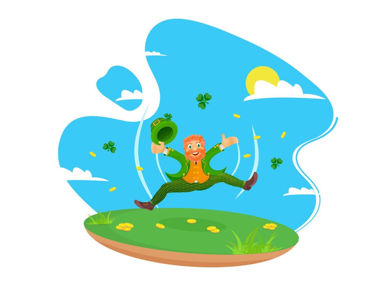 Cartoon Leprechaun Man holding Hat in Jumping Pose with Shamrock Leaves and Golden Coins on Abstract Sun Background. vector