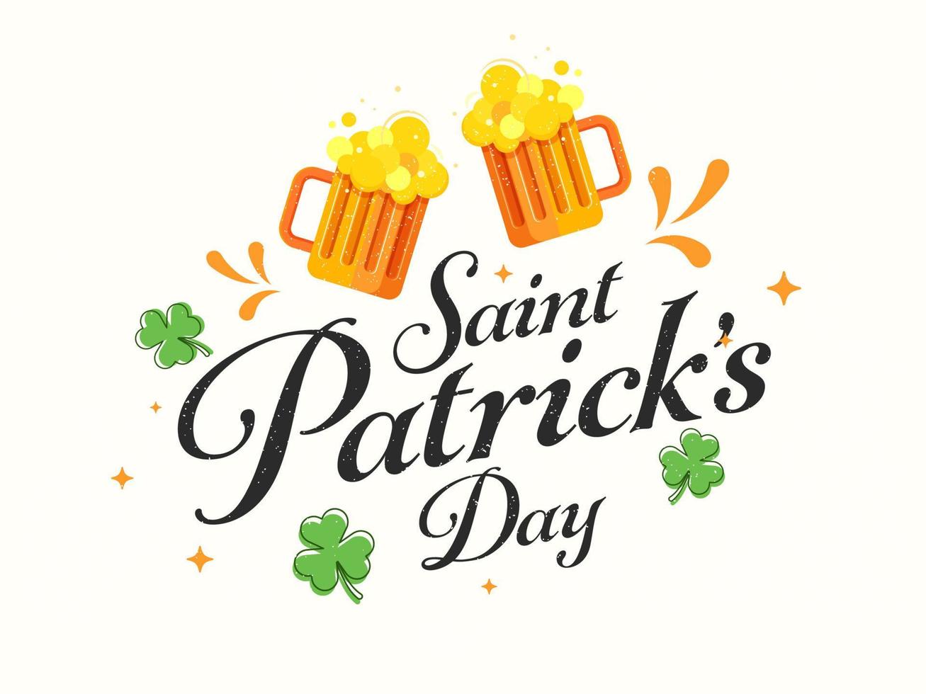 Saint Patrick's Day Font with Cheers Beer Mugs and Shamrock Leaves on White Background. vector