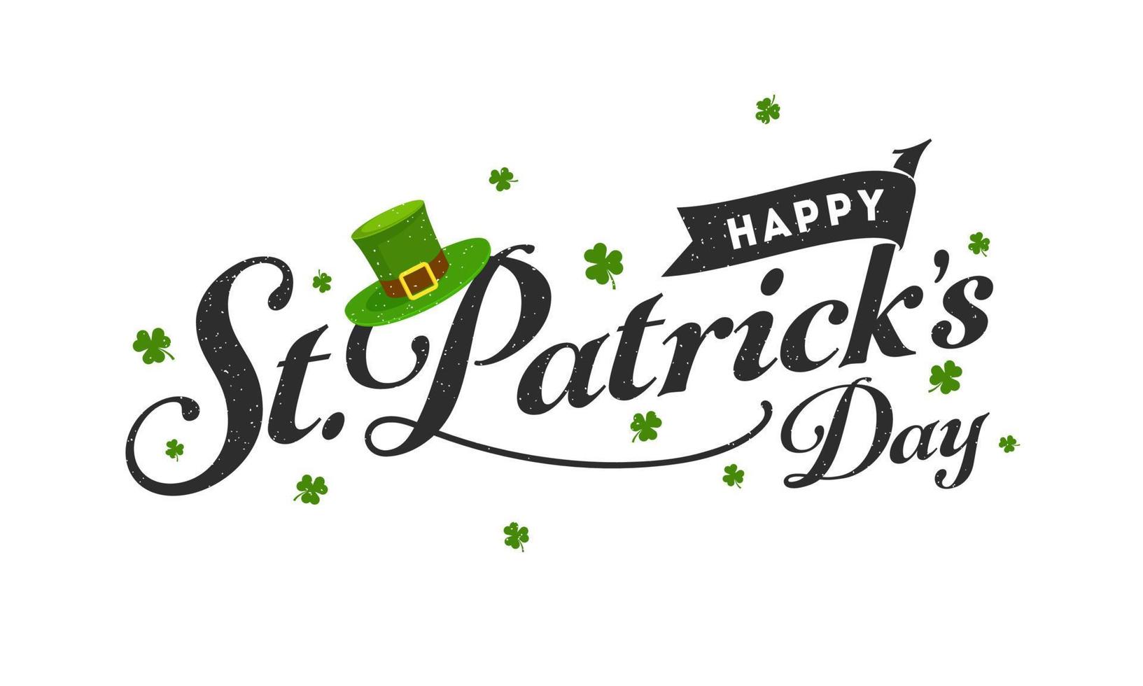 Black Happy St. Patricks Day Font with Leprechaun Hat and Shamrock Leaves on White Background. vector