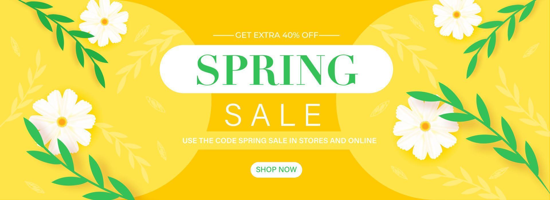 Spring Sale Header or Banner Design with Get Extra Off, Flowers and Leaves Decorated on Yellow Background. vector