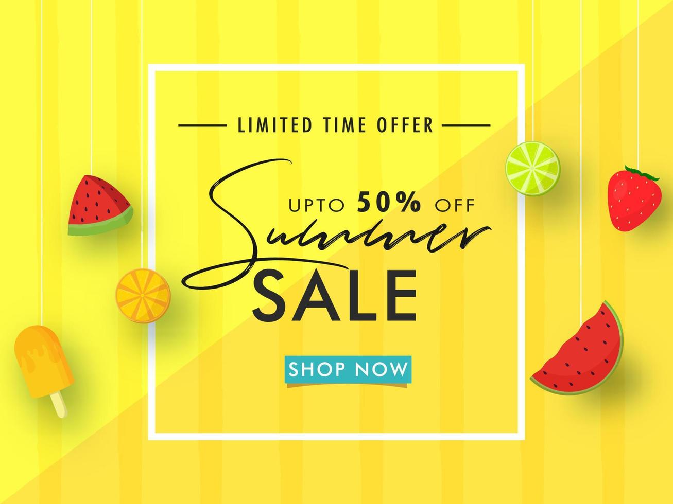 Summer Sale Poster Design with Discount Offer Hanging Watermelon Slice, Lemon, Strawberry and Ice Cream Decorated on Yellow Striped Background. vector