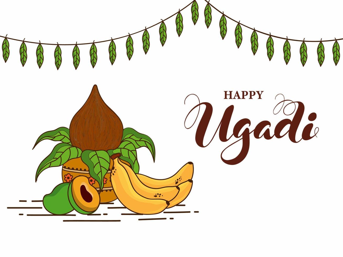 Illustration of Worship Pot with Fruits and Mango Leaves Garland Decorated on White Background for Happy Ugadi. vector