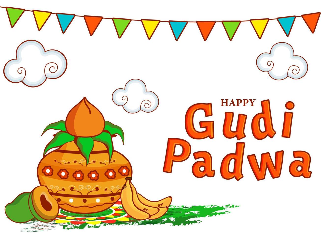 Illustration of Worship Pot with Fruits and Clouds on White Background for Happy Gudi Padwa Celebration Concept. vector