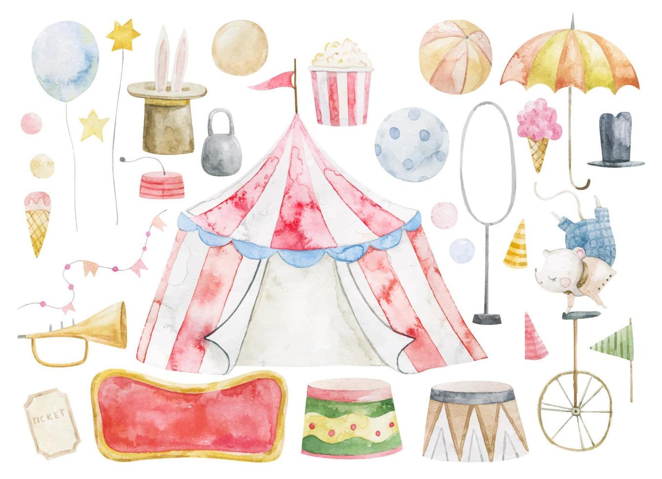 cute childish set with circus elements, party, perfomance collection, clipart vector