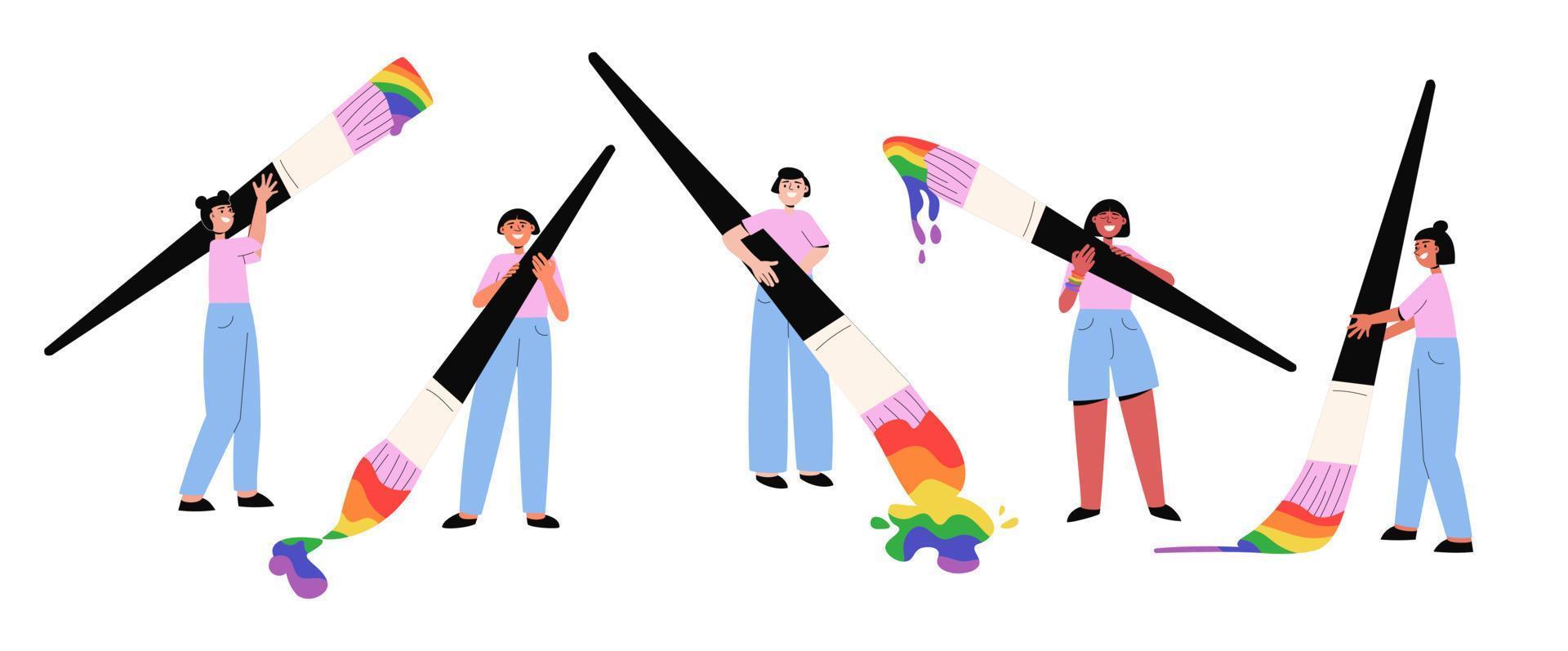 People with big paintbrushes drawing rainbow vector illustration