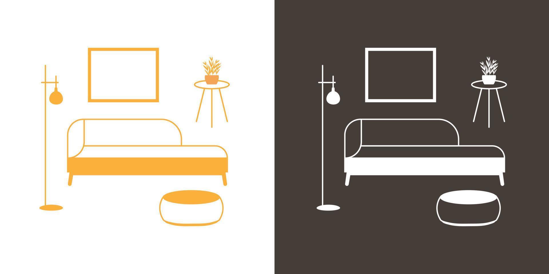 Interior design elements. Sofa, floor lamp, ottoman, coffee table, vase with plant and picture frame. vector