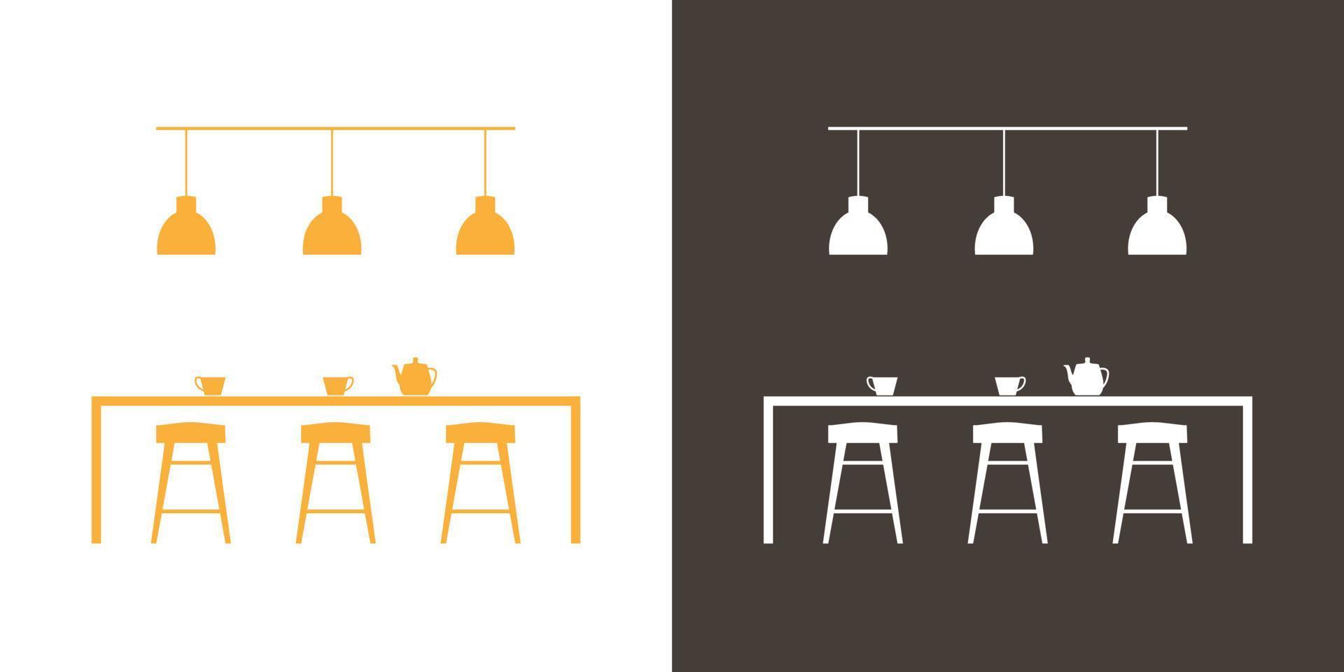 Dining room interior silhouette with kitchen table and bar stools. Vector icon.