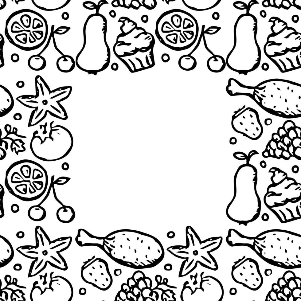 Seamless frame with food icons. doodle food illustration. Food background vector